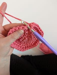 Crochet hook in the back loop of a crochet stitch