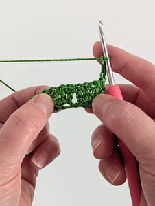 Beginning of second row of crochet granny stripe pattern in green yarn