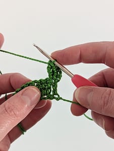 Beginning of second row of crochet in granny stripe using green yarn