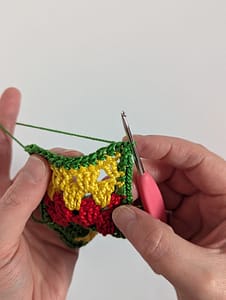 Rows of single crochet stitches in green yarn worked for the border